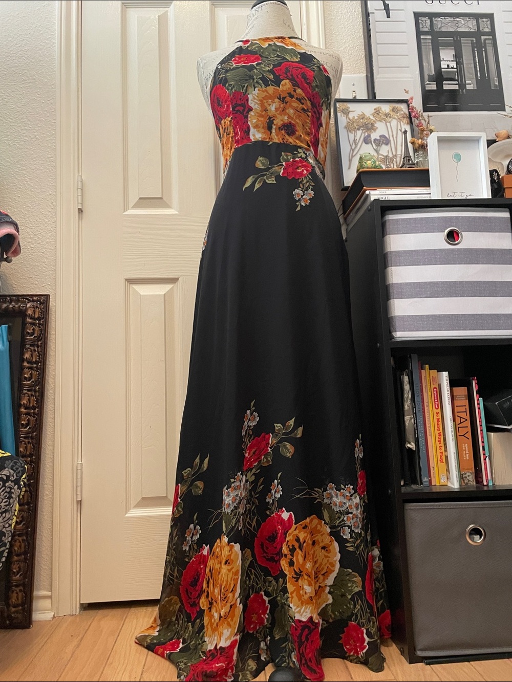 SHEIN Black Halter Maxi Dress with Red & Yellow Floral Print runs small *** fits
